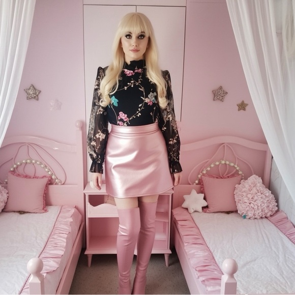 Pink Metallic BCBG Maxazria 100% leather Knee Length Skirt Size 6 Sissy Pricess - Picture 1 of 8